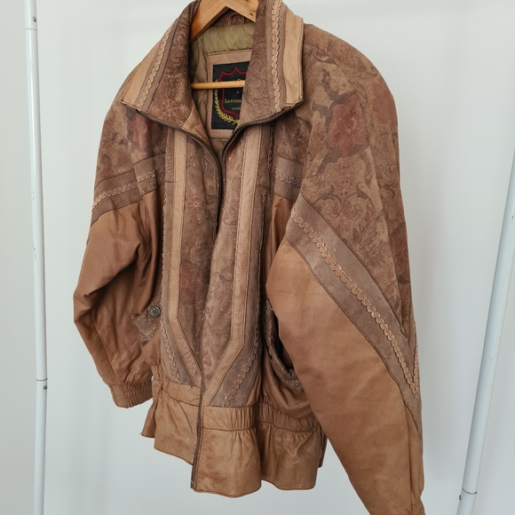 80s VINTAGE LEATHER JACKET Size 8-14 shoulder pads tan floral - Picture 6 of 14